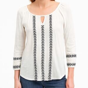 American Eagle Top Womens Medium Embroidered Peasant Keyhole White Long Sleeve